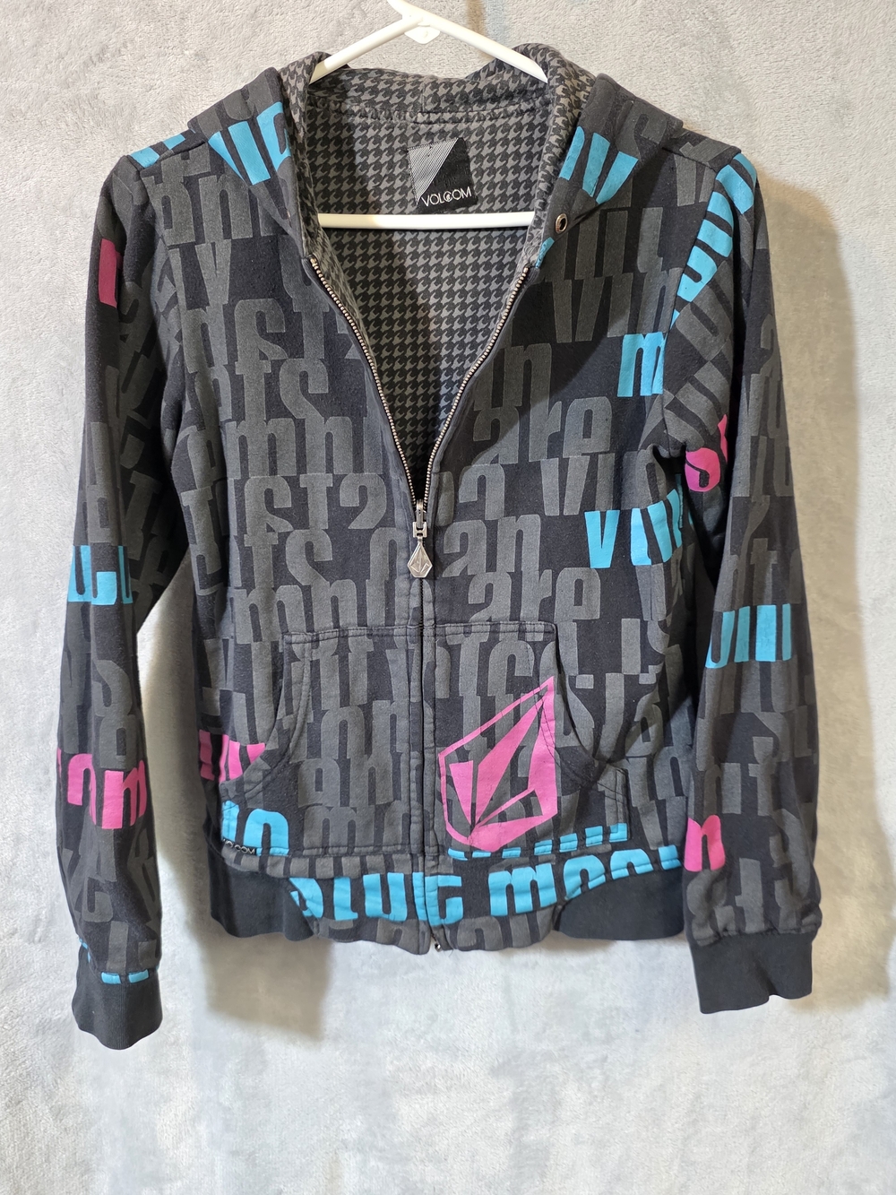 Volcom Dark Gray Zip Hoodie with Pink & Teal Accents